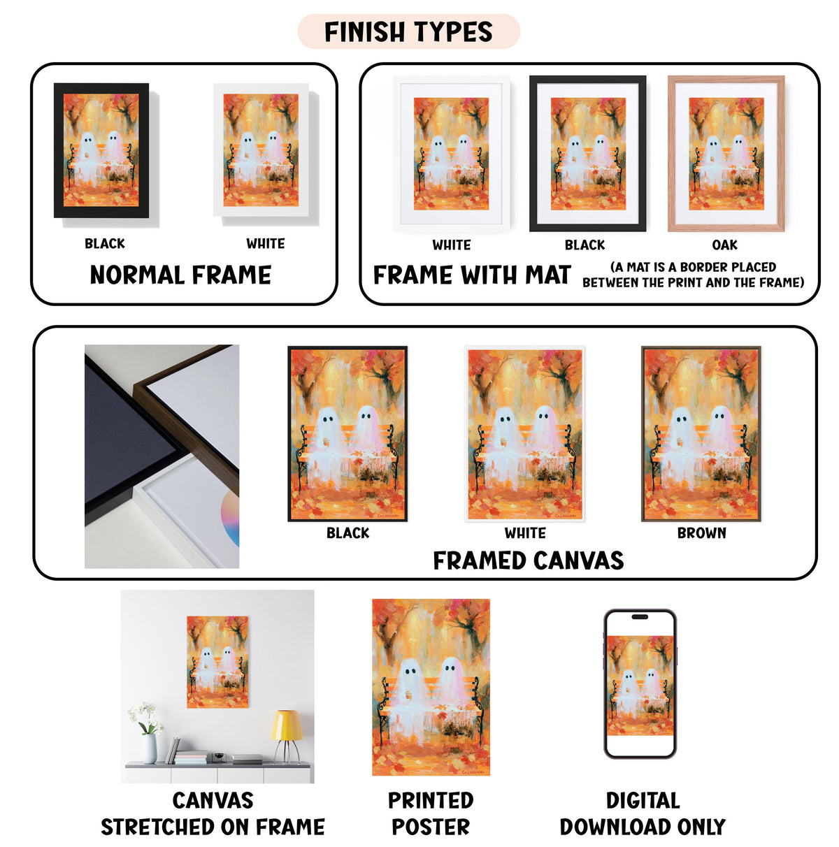 various finish types for a framed artwork, including a normal frame, a frame with a mat, a black frame, a white frame, a black frame, a white framed canvas, a stretched canvas, a printed poster, and a digital download only.