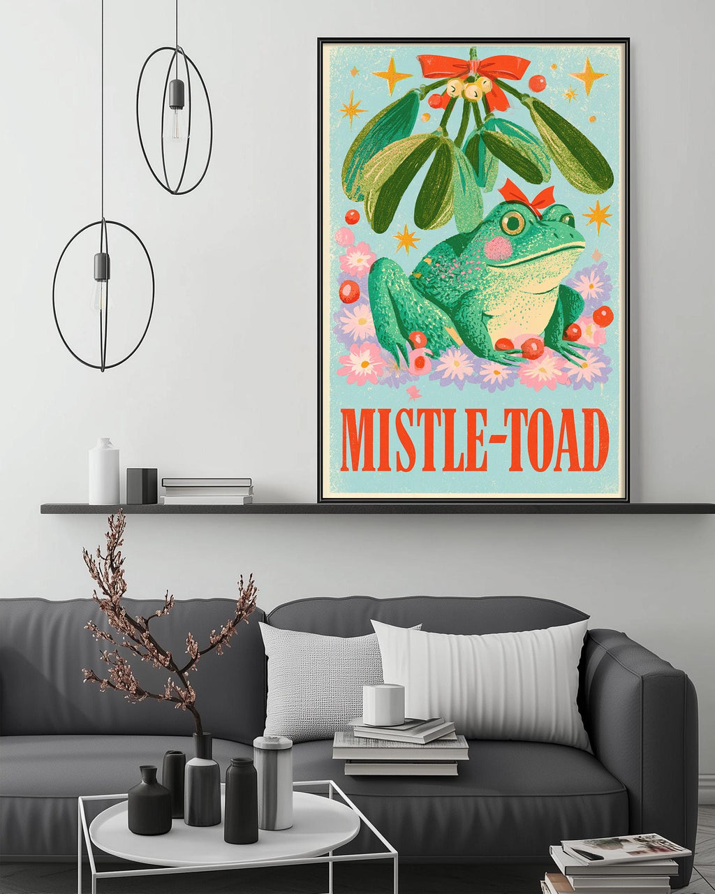 a poster of a mistle-toad on a wall, with a cozy living room setting below it.