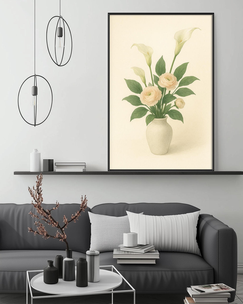 a living room with a gray sofa, a coffee table, and a large framed picture of a vase with flowers hanging above it.