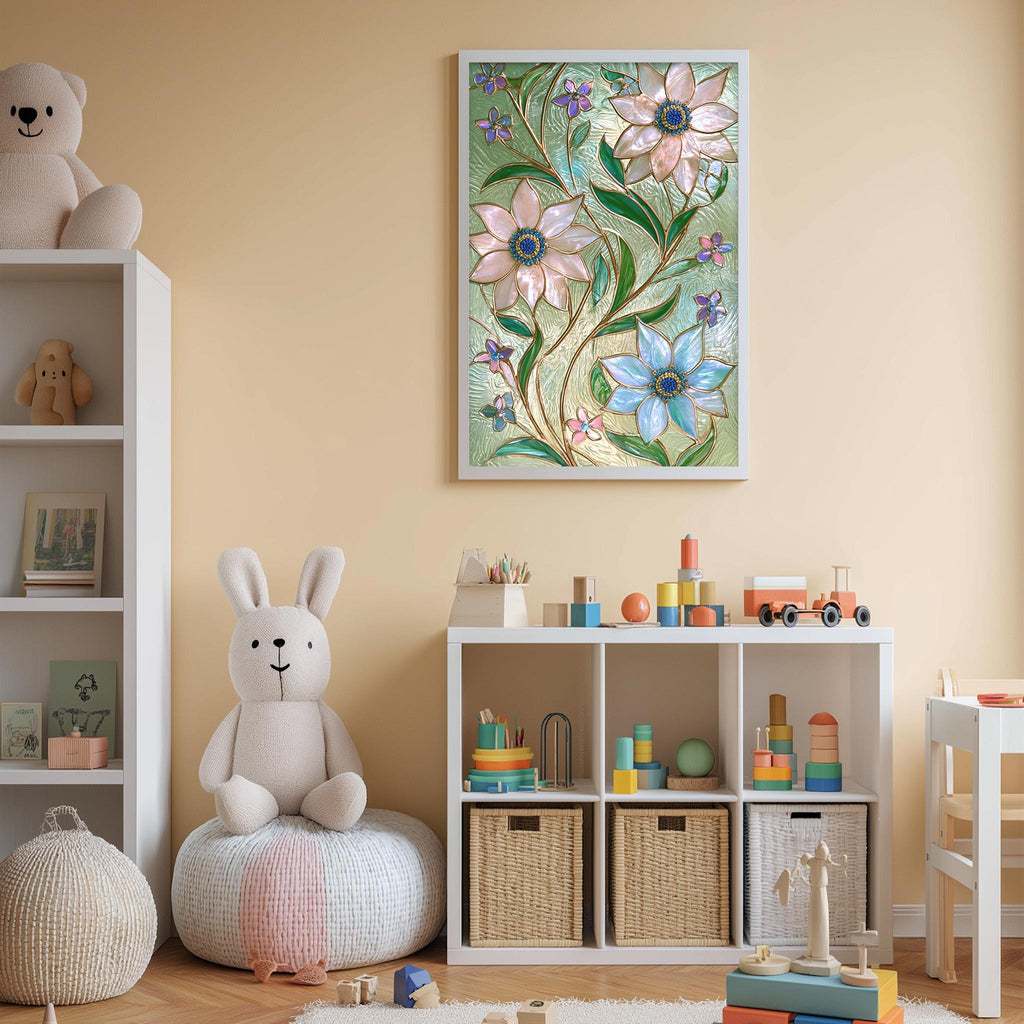 A cozy and colorful children's bedroom with a large floral painting on the wall, a white bookshelf filled with toys, and a plush rabbit sitting on a bean bag chair.