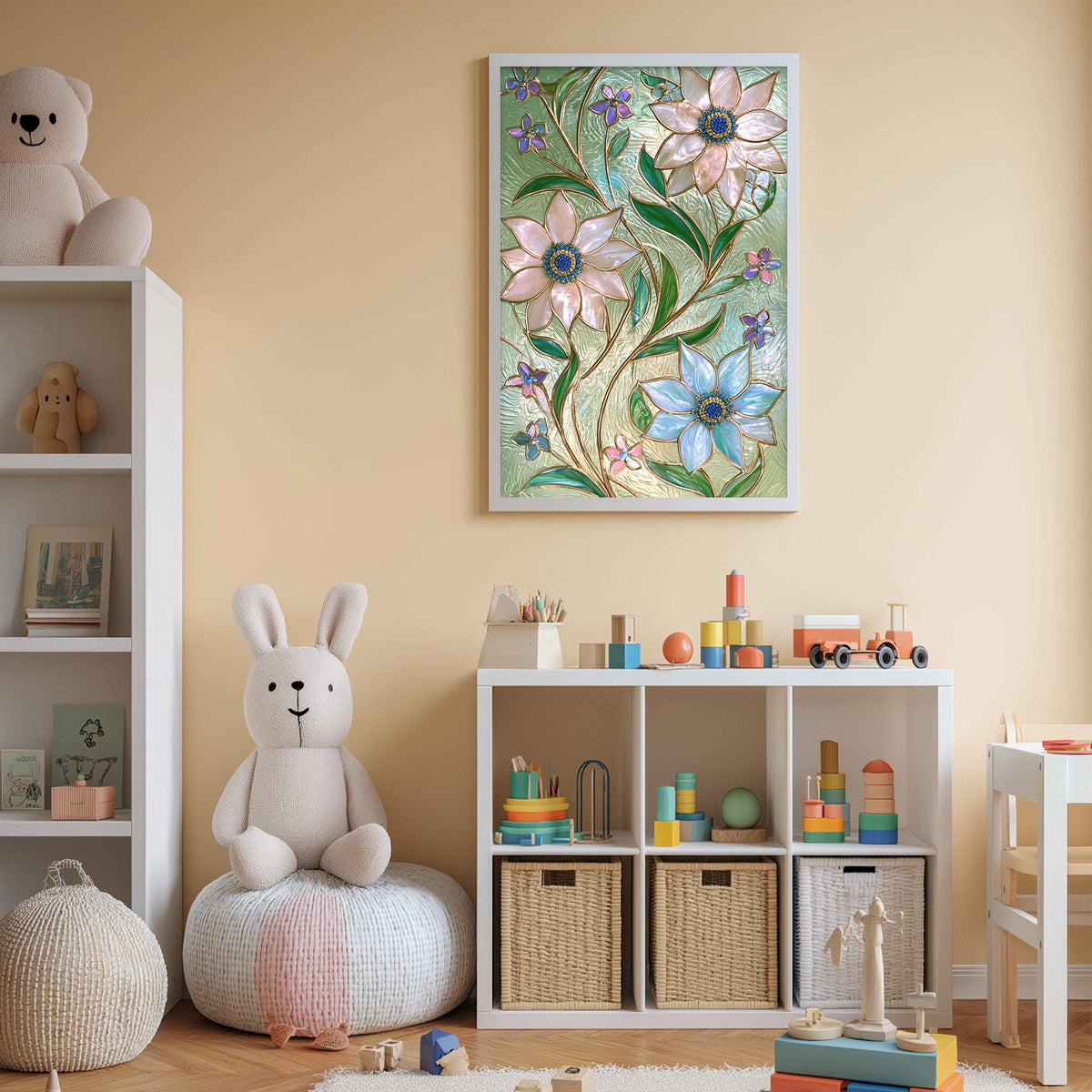 A cozy and colorful children's bedroom with a large floral painting on the wall, a white bookshelf filled with toys, and a plush rabbit sitting on a bean bag chair.