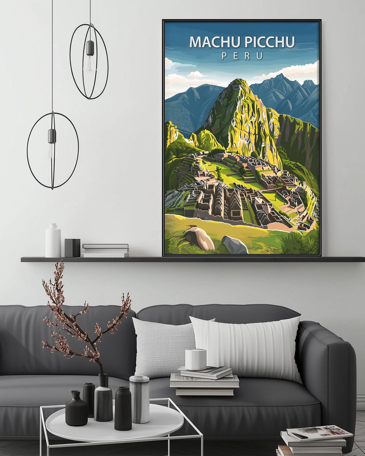 a large framed poster of Machu Picchu, a famous Incan citadel located in the Andes mountains of Peru. The poster showcases the historic site and its surrounding landscape, providing a visual representation of this iconic landmark.