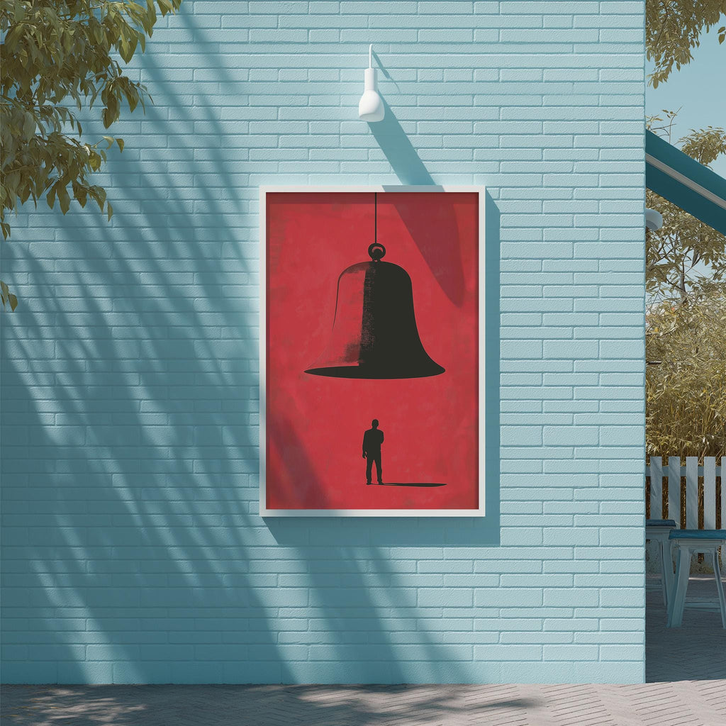 a large red poster with a black silhouette of a person standing in front of a bell, mounted on a blue wall.