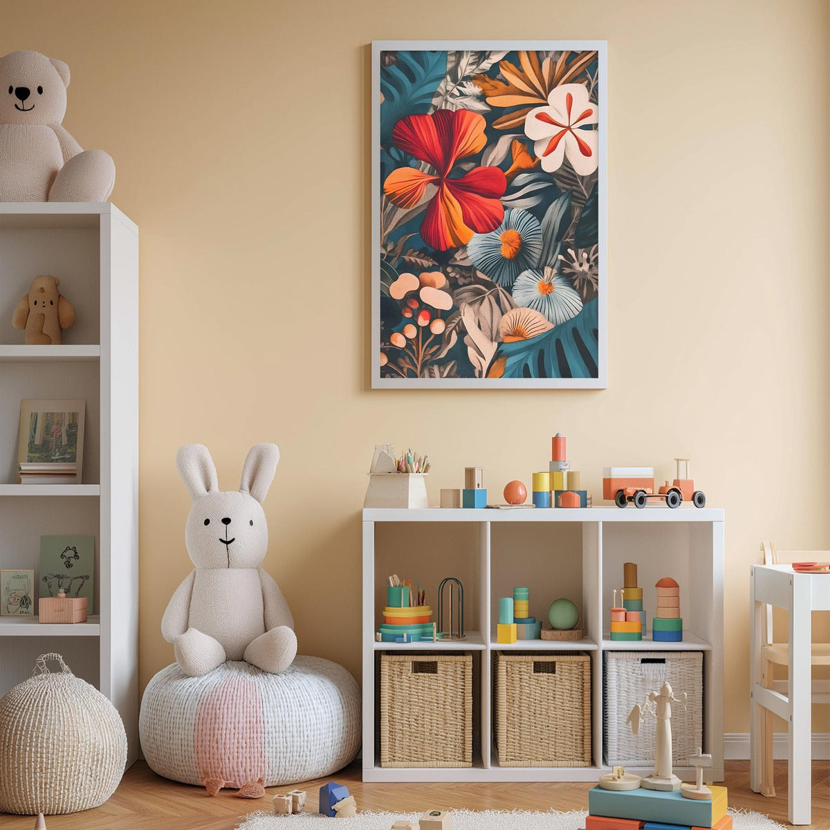 A child's bedroom with a large floral print on the wall, a white bookshelf filled with toys, and a white bean bag chair.