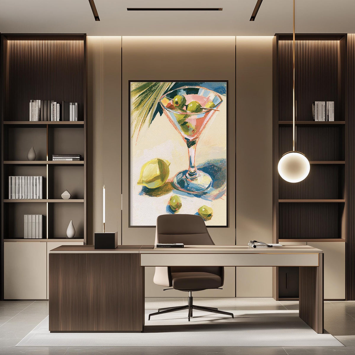 a modern office space with a large framed painting of a martini glass and fruit on the wall, a wooden desk with a chair, and built-in bookshelves.