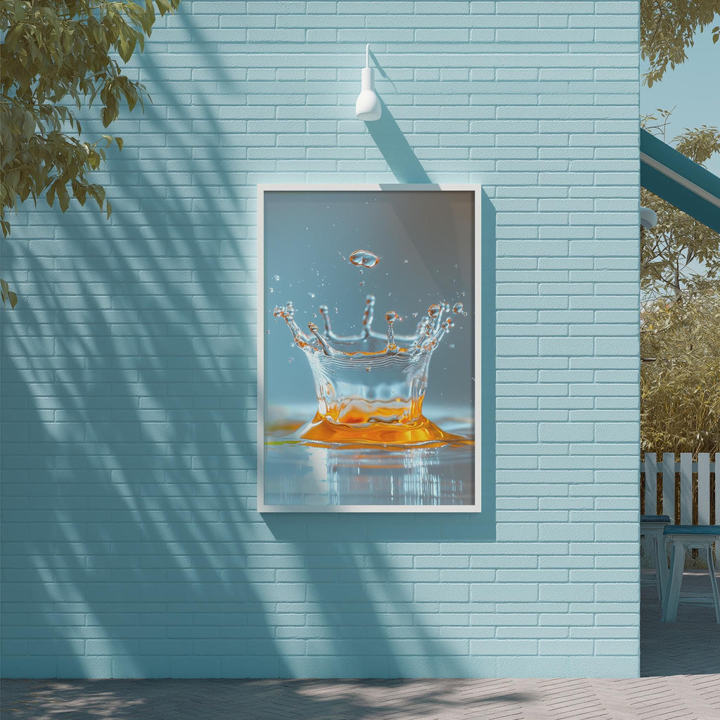 a large, framed picture of a splash of orange liquid, possibly orange paint or syrup, against a blue brick wall.