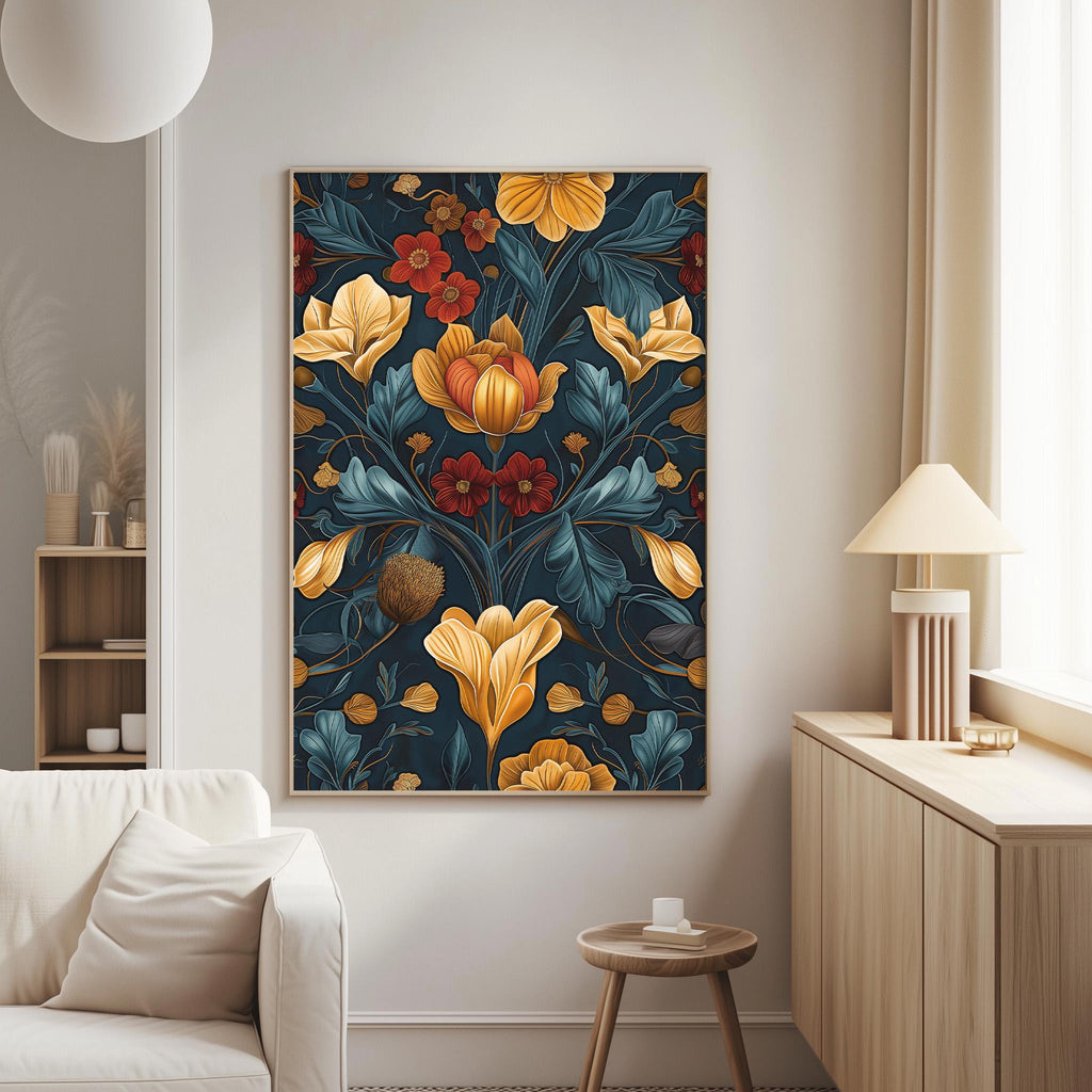 a large floral print hanging on a wall in a living room, with a white sofa and a wooden side table nearby.
