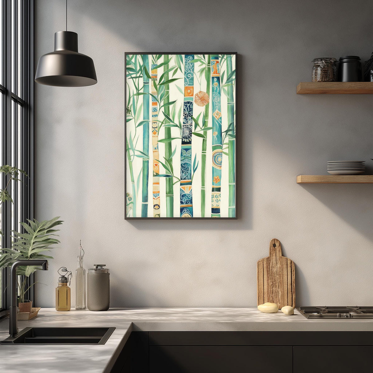 a kitchen counter with a framed bamboo-themed painting hanging above it. The painting has a vibrant and colorful design with bamboo stalks and leaves in various shades of green, blue, and orange. The kitchen counter also has a cutting board, a bottle, and some other kitchen items, creating a cozy and functional space.