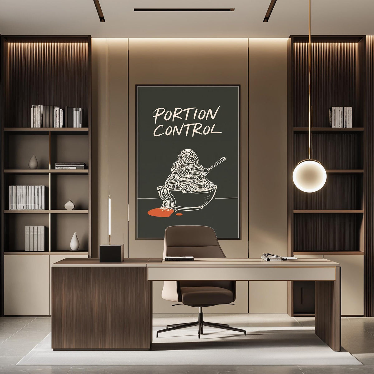 a modern office space with a desk, chair, and bookshelves. A large poster on the wall displays the text "PORTION CONTROL" in bold letters, accompanied by an illustration of noodles and a spoon.