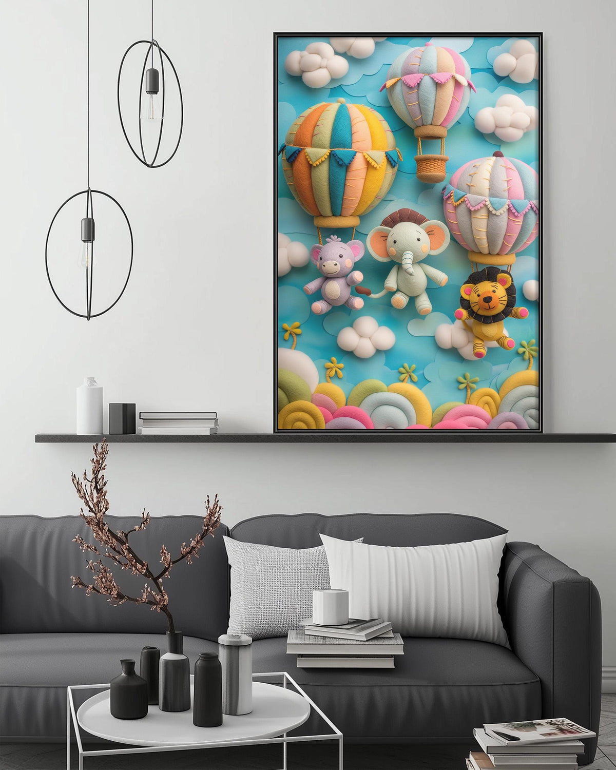 a cozy living room with a gray couch, a coffee table, and a large framed poster of a whimsical scene with hot air balloons, a lion, and a monkey.
