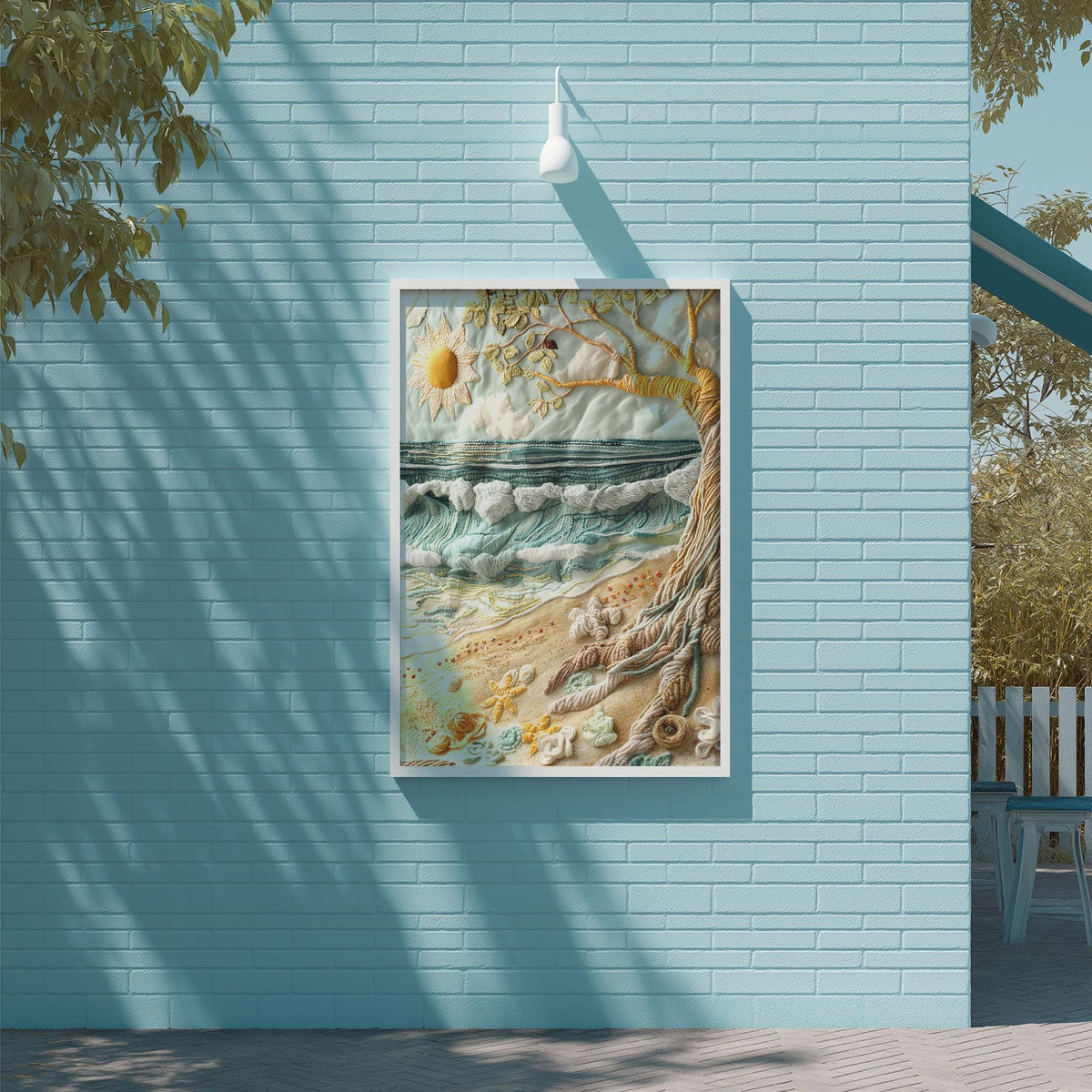 a blue brick wall with a framed painting depicting a beach scene with a tree, waves, and a bird.