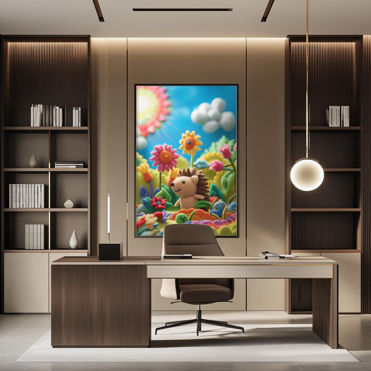 a modern office space with a large, colorful painting of a hedgehog in a garden hanging on the wall. The office has a wooden desk and chair, and there are bookshelves on either side of the desk.
