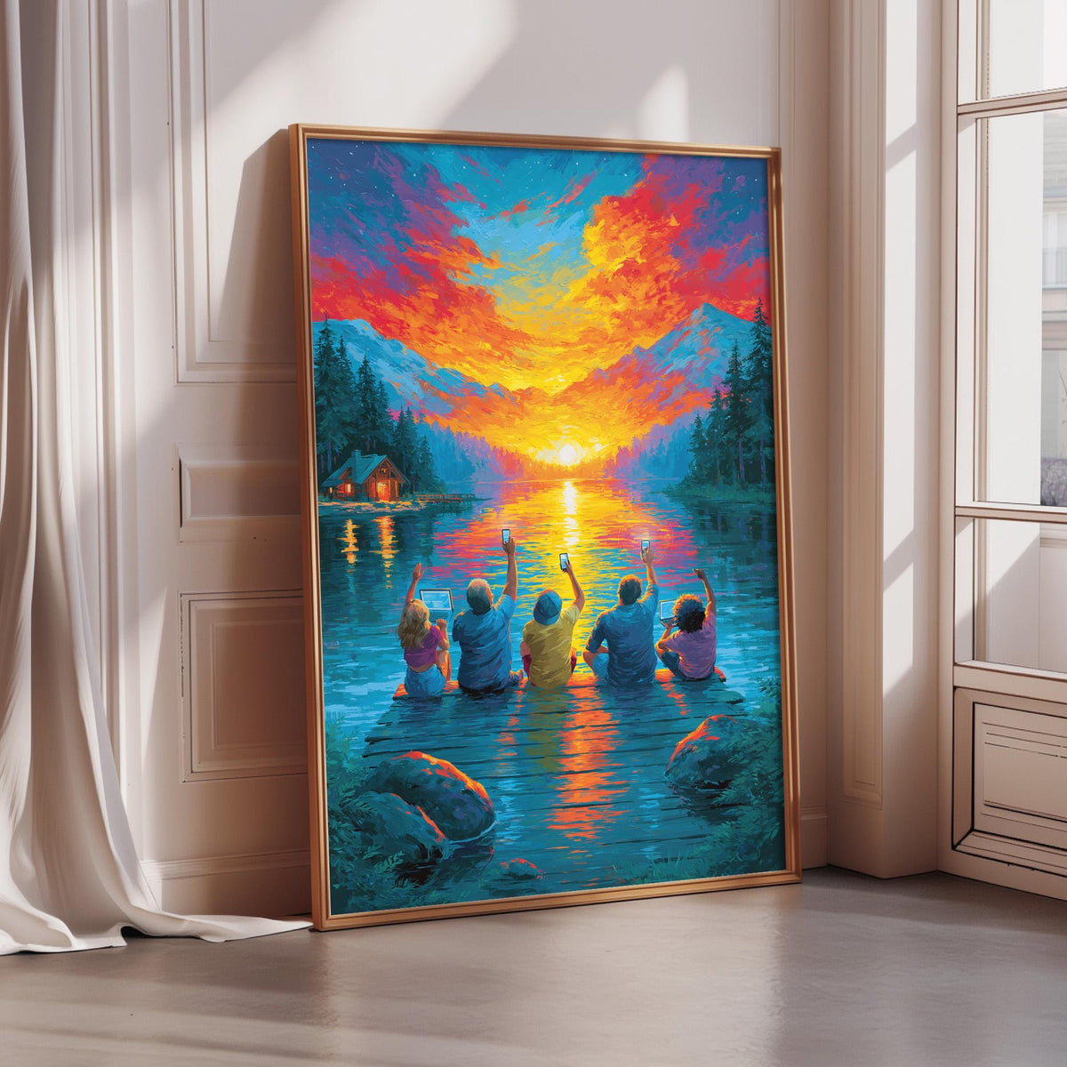 A large framed painting depicting a group of people sitting on a dock, with a colorful sunset in the background.