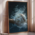 a framed painting of a baseball in mid-air, with a splash of water around it, creating a dynamic and energetic scene.