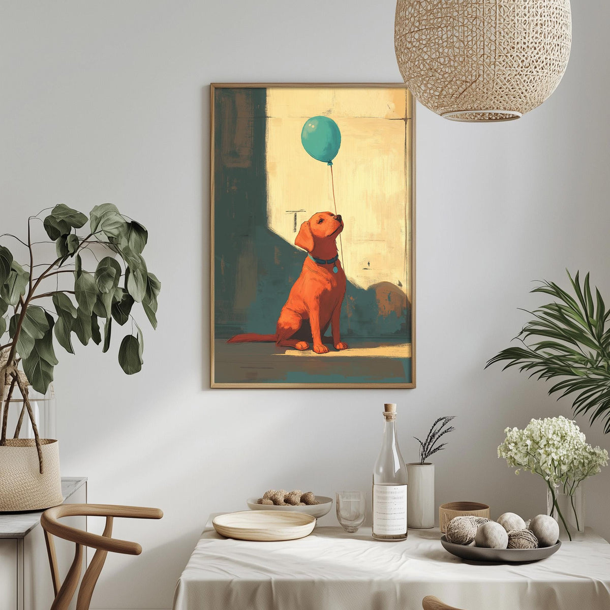 a framed painting of a dog sitting on a table, holding a green balloon, with a dining table and chairs in the foreground.