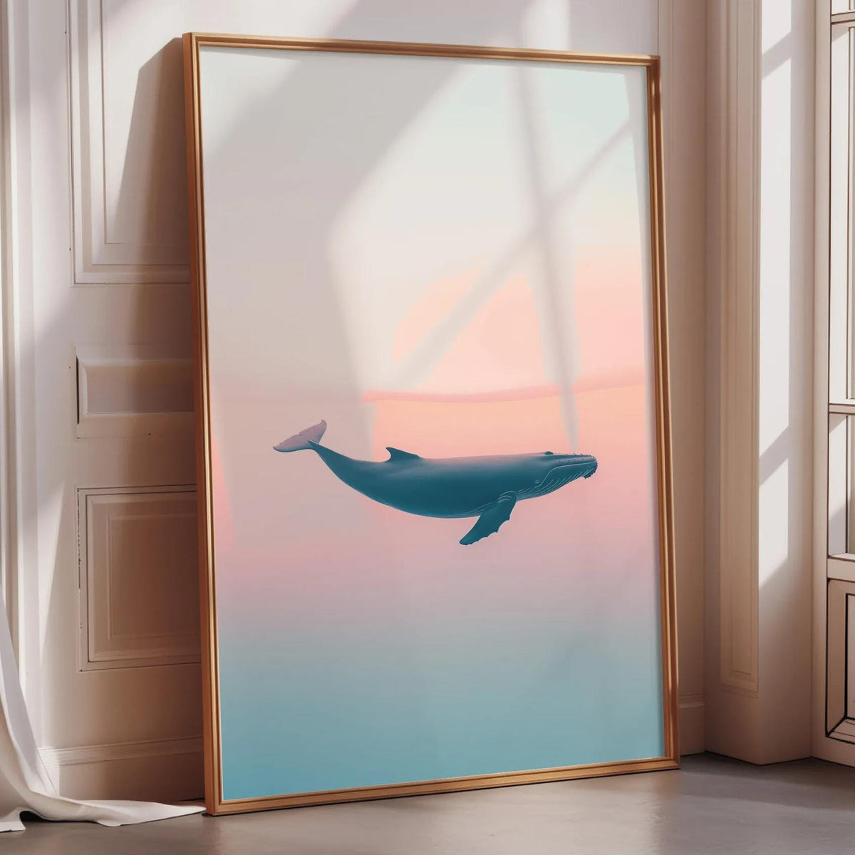 a large framed poster of a whale against a gradient background, with a warm and soothing color palette.