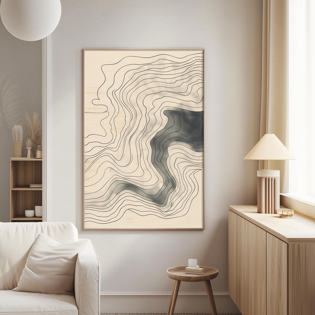 a living room with a large abstract painting hanging on the wall, a white sofa, a wooden side table, and a lamp on a wooden cabinet.