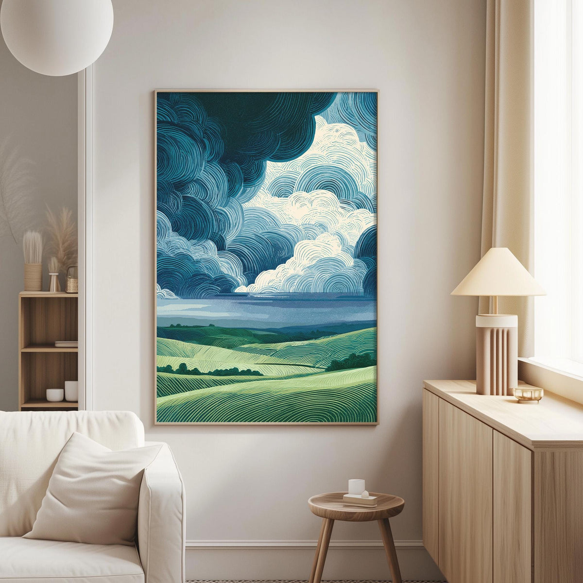 a large, colorful painting of a landscape with rolling hills and a cloudy sky hanging on a wall in a living room.