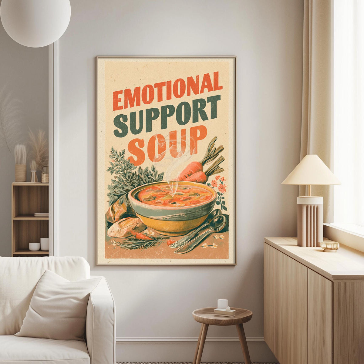 a poster with the text "Emotional Support Soup" and an illustration of a bowl of soup with vegetables.