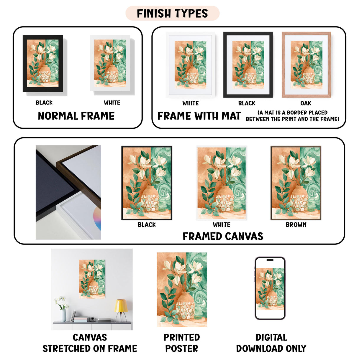 The image is a collection of different finish types for a framed artwork, including canvas, printed poster, and digital download.