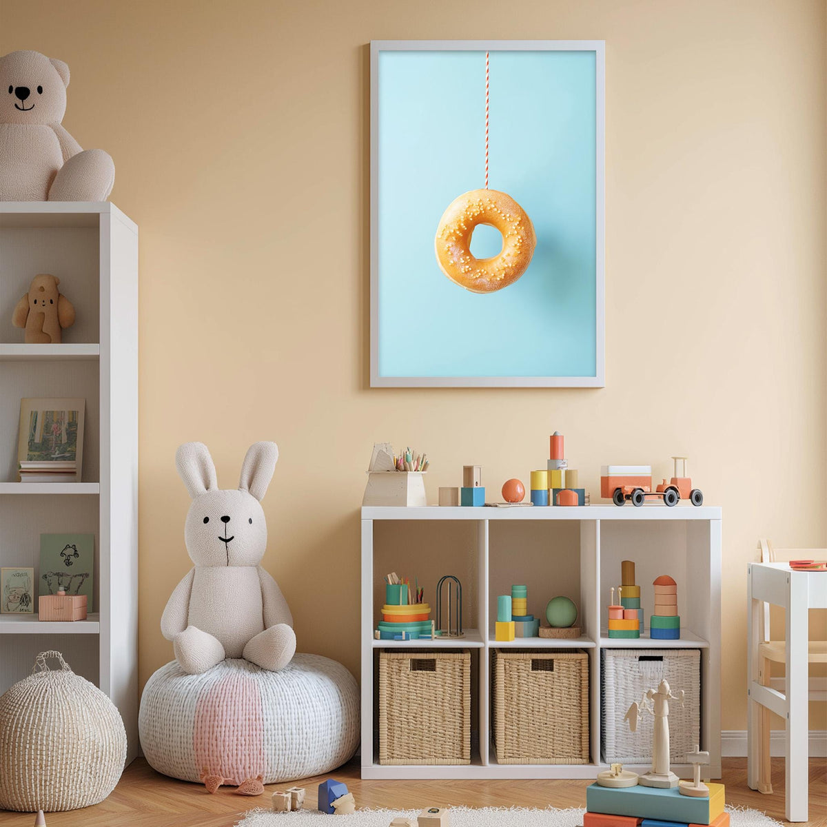 A cozy children's room with a white bookshelf, a plush rabbit, and a colorful toy box filled with various toys. A framed picture of a hanging donut is displayed on the wall, adding a playful touch to the room's decor.