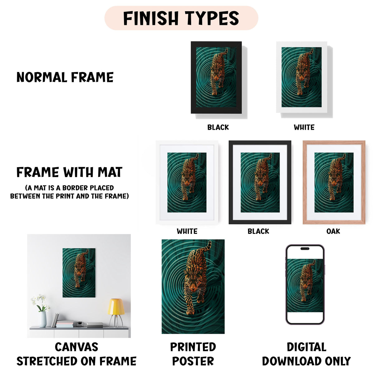 various types of artwork, including a framed print of a tiger on a green background, a canvas stretched on a frame, a framed poster, and a digital poster. The artwork is presented in different frame styles, such as a normal frame, a frame with a mat, a white frame, a black frame, and an oak frame. The artwork is described as a canvas stretched on a frame, a printed poster, and a digital download only.