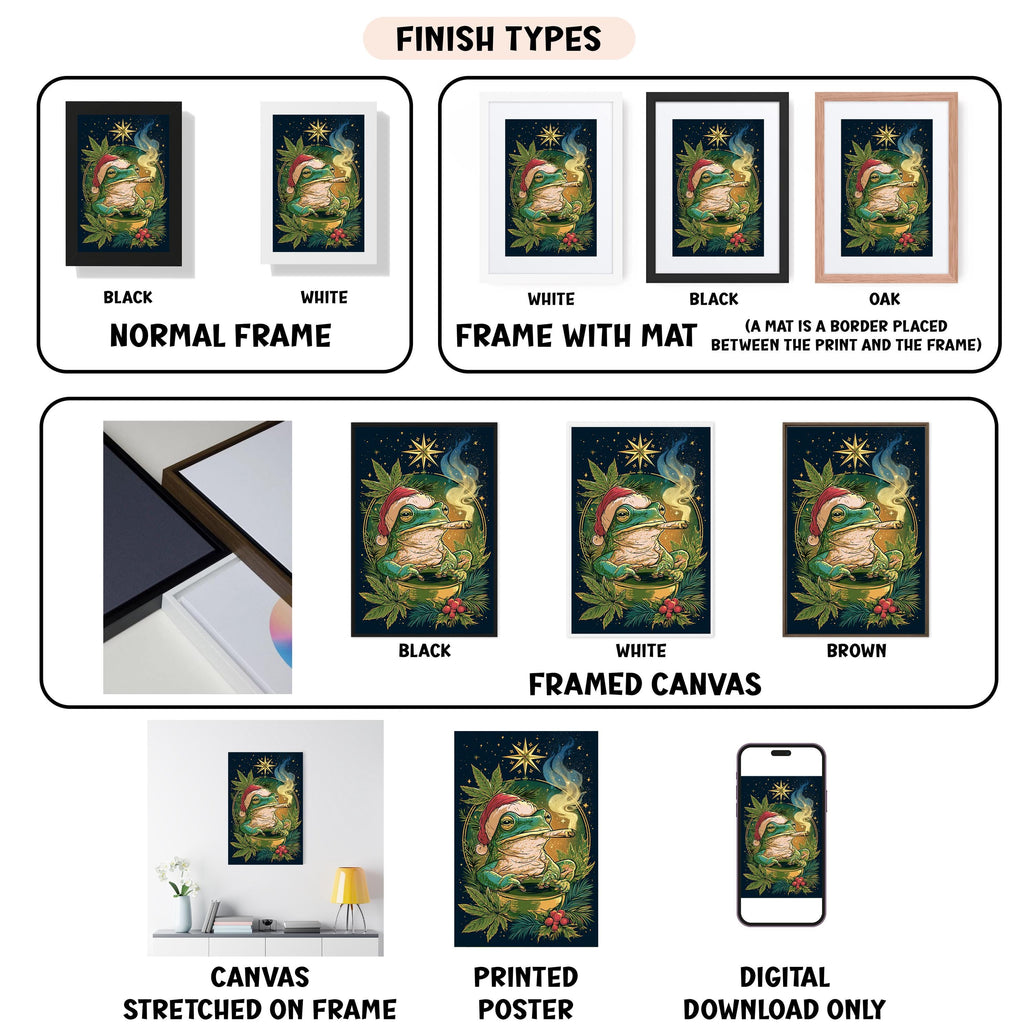 various types of artwork, including paintings, framed prints, and digital art, each with different finishes and frame types.