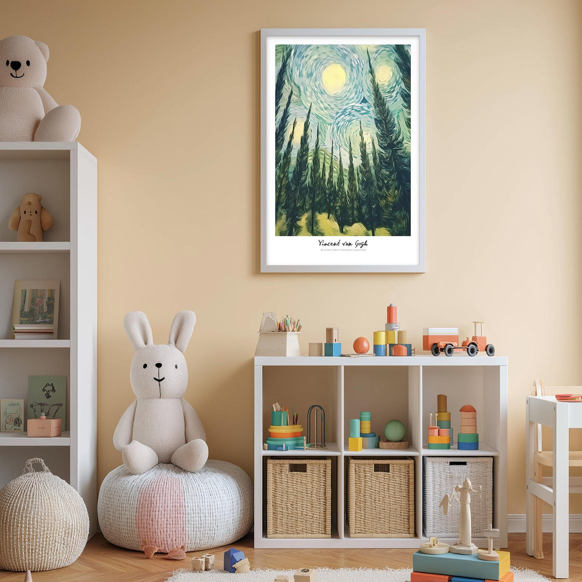 A cozy children's room with a white bookshelf, a plush rabbit, and a colorful toy box filled with toys. A framed painting of a starry night sky hangs on the wall above the bookshelf.