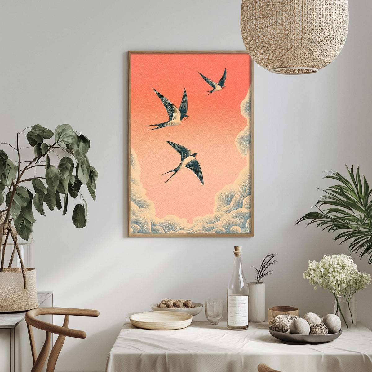 a dining table with a white tablecloth, a bowl of fruit, a bottle, and a vase with flowers. Above the table, there is a framed painting of three birds flying in the sky.