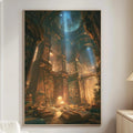 a large, ornate, and fantastical library with towering bookshelves, a grand archway, and a central courtyard. The library is illuminated by a warm, glowing light, creating a magical and enchanting atmosphere.