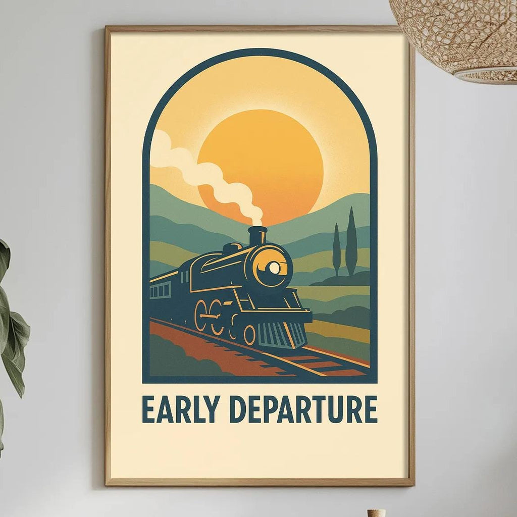 a framed poster of a train on a track, with the text "EARLY DEPARTURE" below it. The poster is hanging on a wall, and there is a dining table with a bowl, a bottle, and some plants in the foreground.