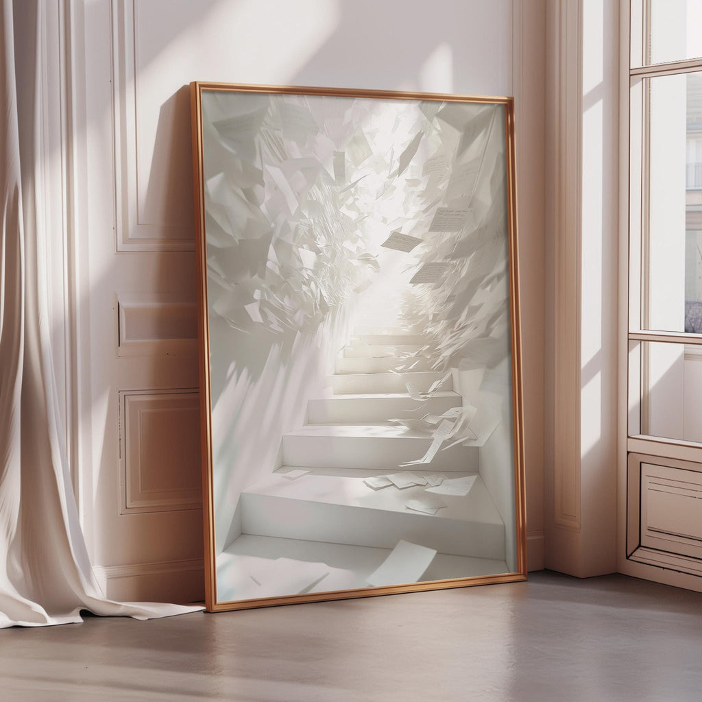 a large, ornate gold-framed mirror that reflects a white staircase with a bright, ethereal light at the top, creating an illusion of a doorway leading to a higher level.