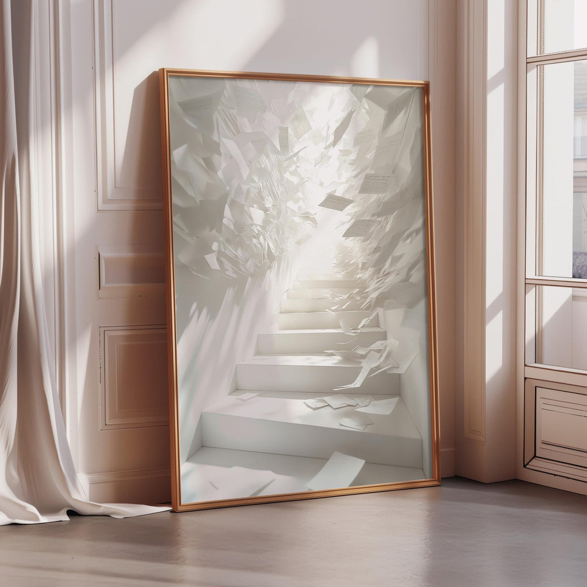 a large, ornate gold-framed mirror that reflects a white staircase with a bright, ethereal light at the top, creating an illusion of a doorway leading to a higher level.