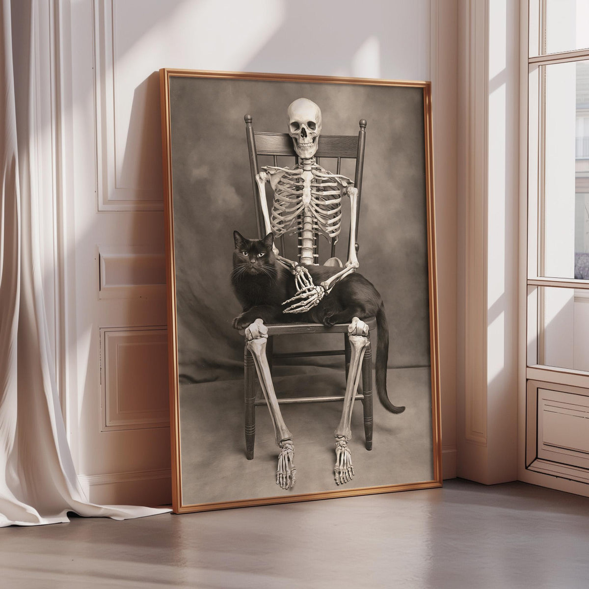 A black and white photograph of a skeleton sitting in a chair, with a cat resting on its lap.