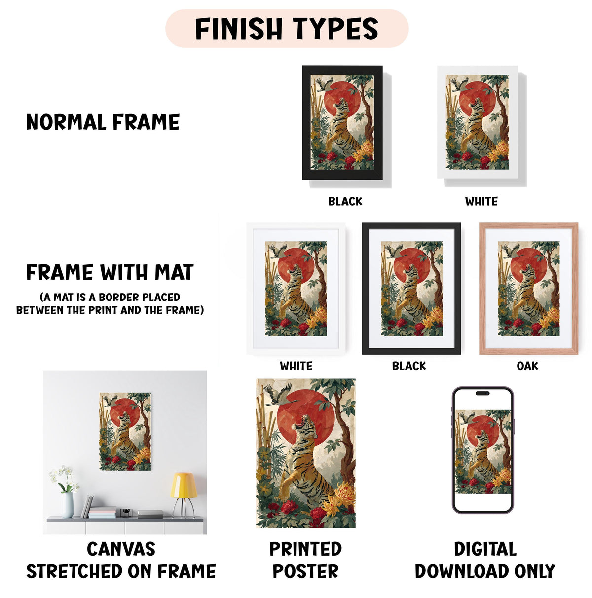 various types of framed artwork, including a normal frame, a frame with a mat, a white frame, a black frame, an oak frame, a white canvas stretched on a frame, a printed poster, and a digital download only.