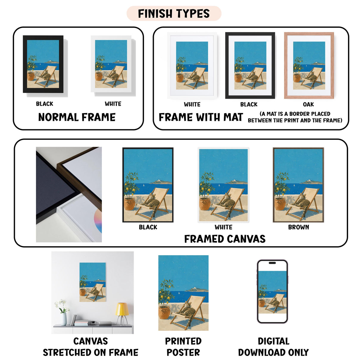 various types of artwork, including framed prints, canvas prints, and digital files, each with different finishes and mat colors.