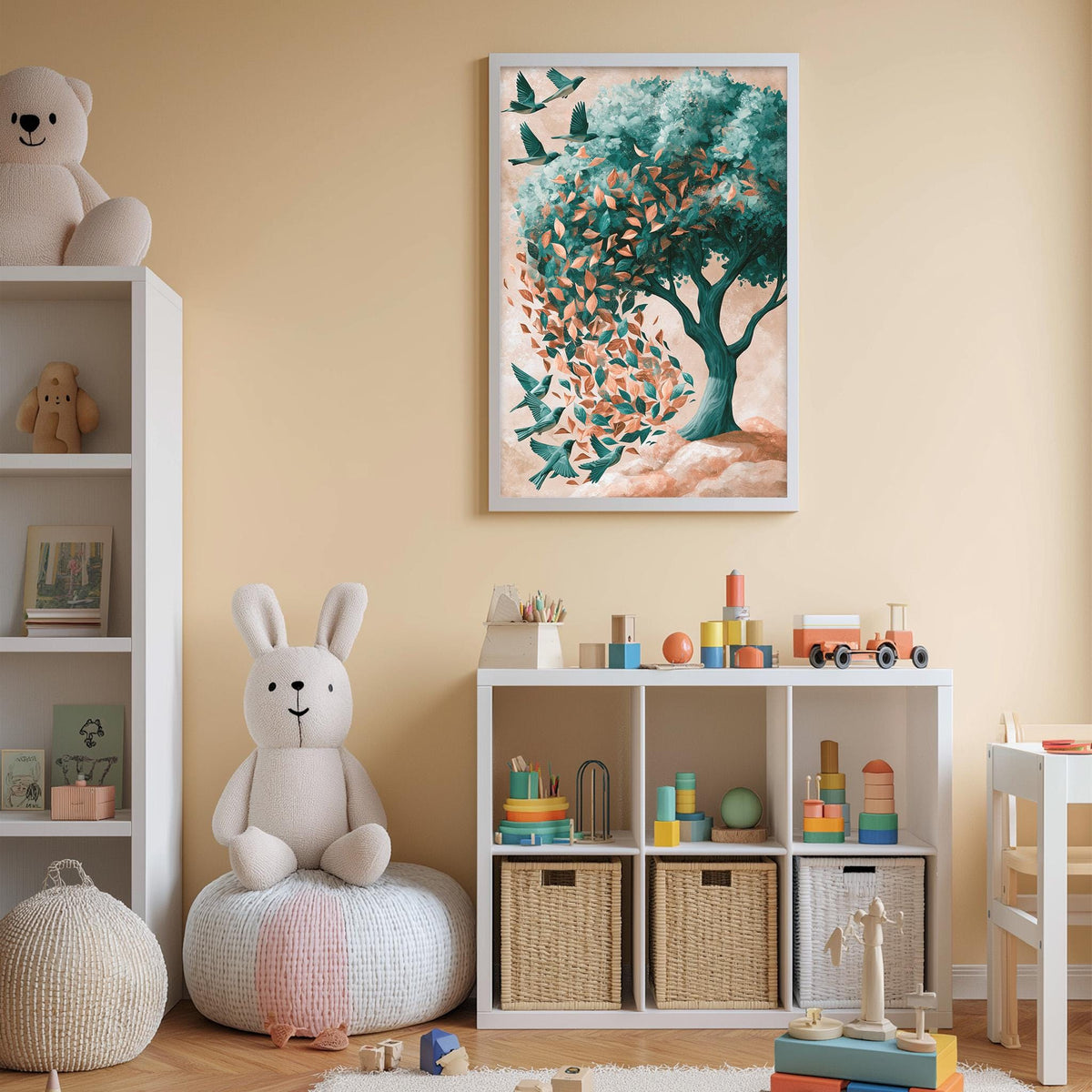A cozy and colorful children's bedroom with a large tree painting on the wall, a stuffed rabbit, a bookshelf, and a play area with toys and storage bins.