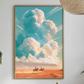 a dining table with a white tablecloth, a bottle, a bowl, and a vase with flowers. Above the table, there is a framed picture of a desert landscape with a cloudy sky.