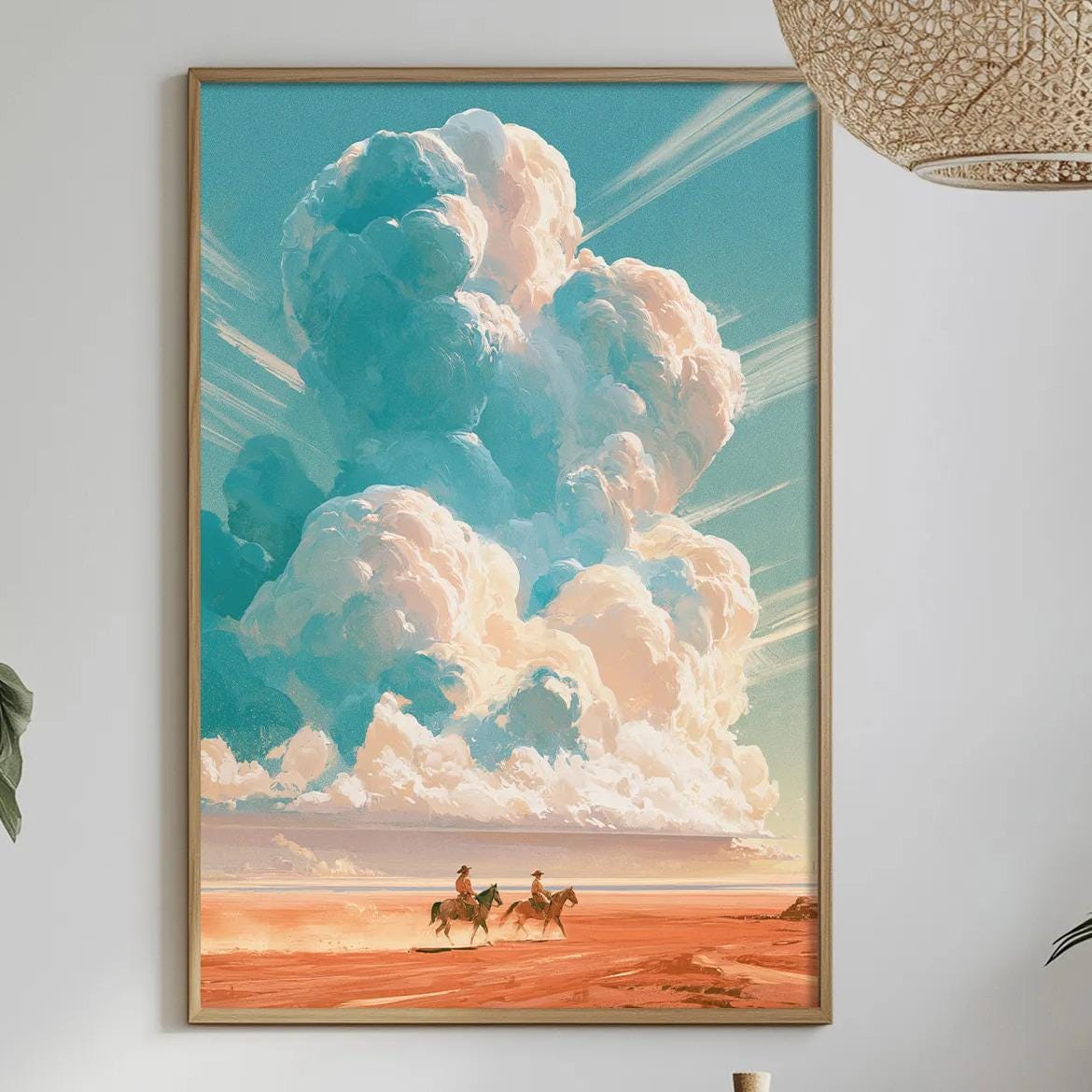 a dining table with a white tablecloth, a bottle, a bowl, and a vase with flowers. Above the table, there is a framed picture of a desert landscape with a cloudy sky.