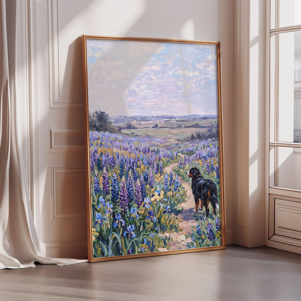 A large painting depicting a dog walking through a field of colorful flowers, with a blue sky and clouds in the background.