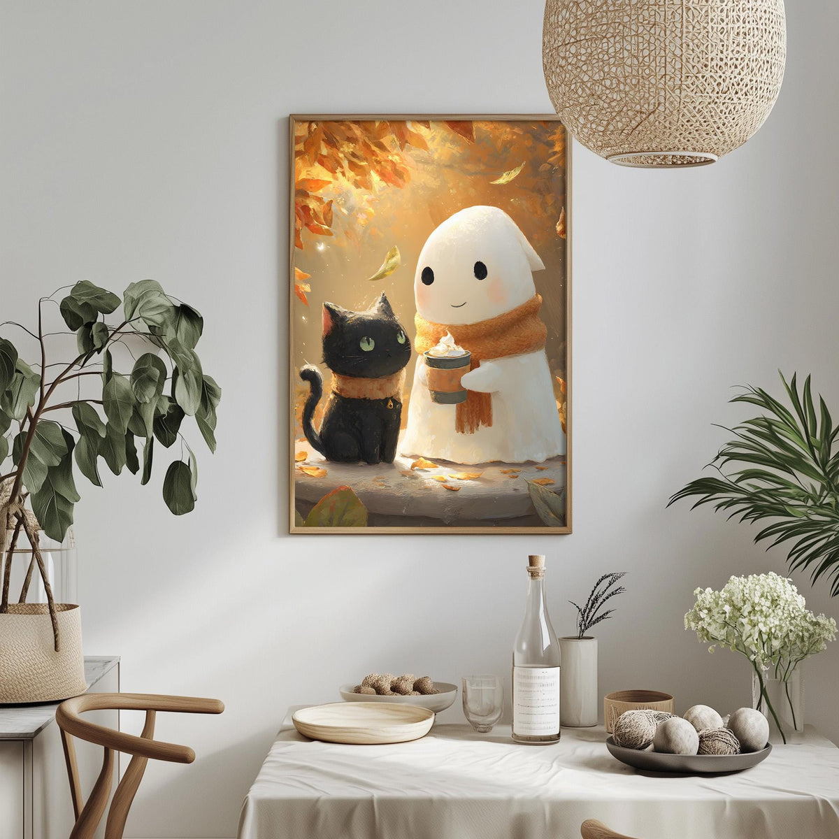 a cozy scene with a framed painting of a black cat and a ghost, both holding a cup of hot chocolate, set against a backdrop of autumn leaves. The painting is hung on a wall above a dining table, which is adorned with various items such as a vase, a bottle, and a bowl. The table also has a potted plant and a chair, creating a warm and inviting atmosphere.