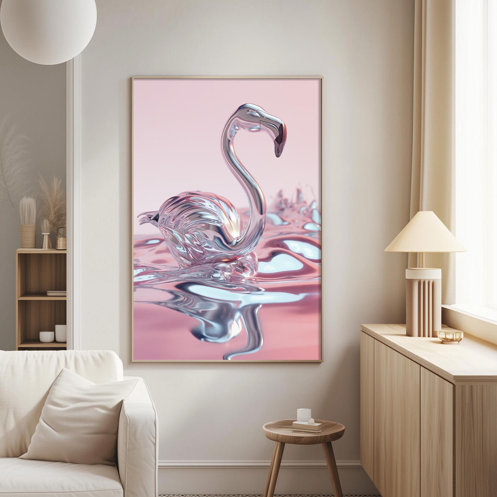 a large, colorful painting of a flamingo in a pink and purple background, hanging on a wall in a living room.