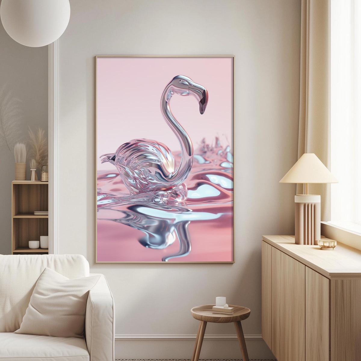 a large, colorful painting of a flamingo in a pink and purple background, hanging on a wall in a living room.