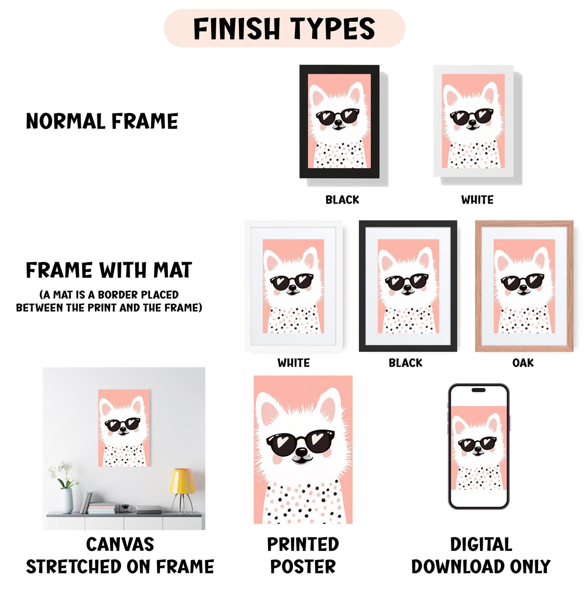 various finish types for a cat poster, including a normal frame, a frame with a mat, a white frame, a black frame, an oak frame, a printed poster, and a digital download only.