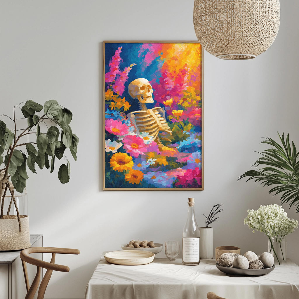 a vibrant and colorful painting of a skeleton surrounded by flowers and plants, hanging on a wall above a dining table.