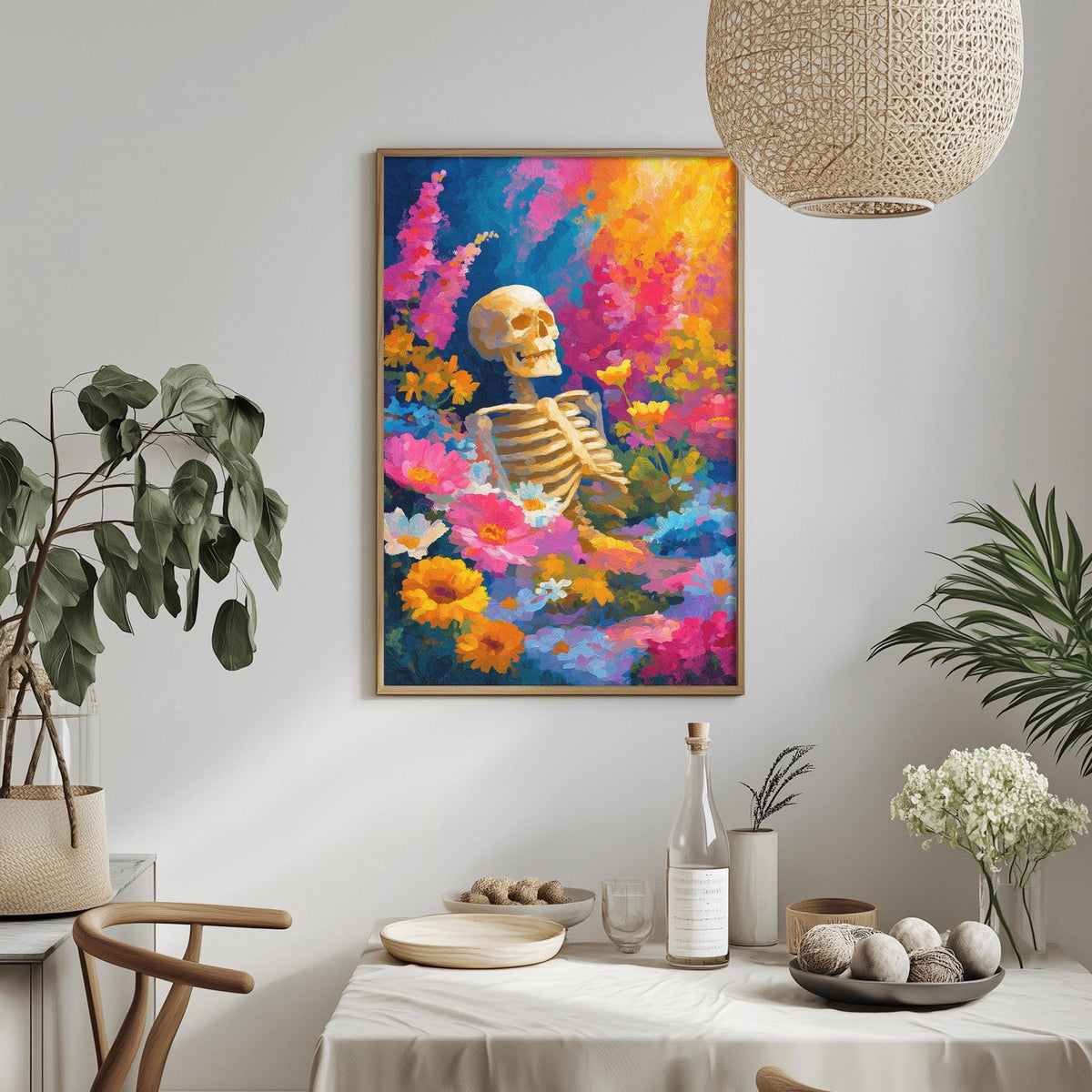 a vibrant and colorful painting of a skeleton surrounded by flowers and plants, hanging on a wall above a dining table.
