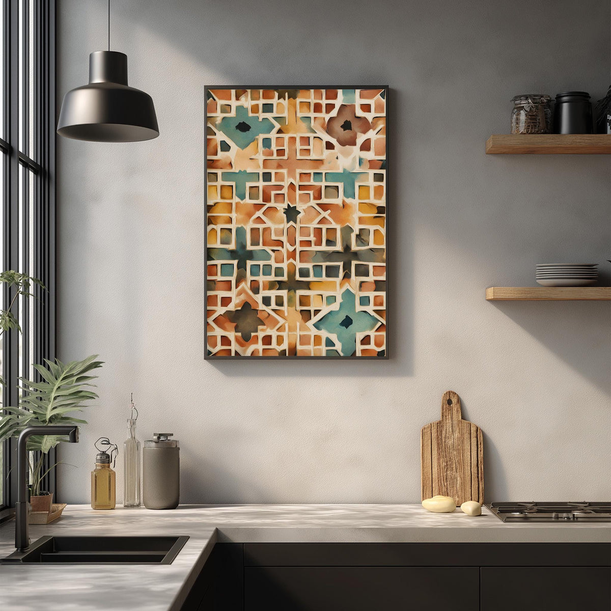 a modern kitchen with a large abstract painting hanging on the wall above a wooden cutting board and other kitchen items.