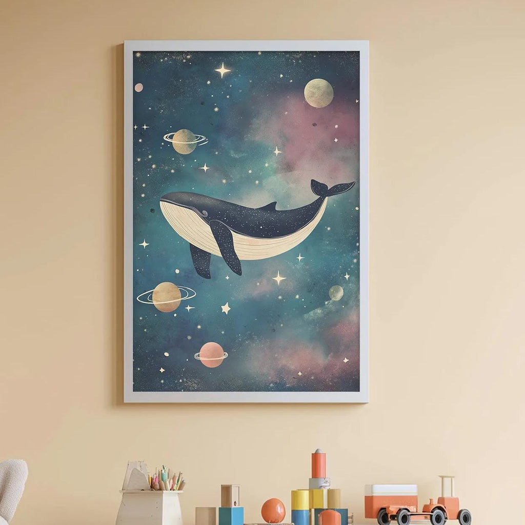 A child's bedroom with a large whale poster on the wall, a stuffed rabbit, a bookshelf filled with toys, and a play area with a bean bag chair and storage bins.