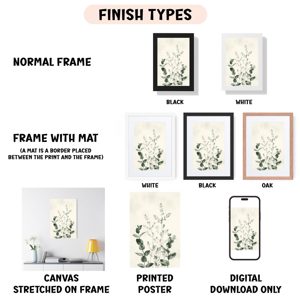 various finish types for artwork, including a normal frame, a frame with a mat, a white frame, a black frame, an oak frame, a white canvas stretched on a frame, a printed poster, and a digital download only.