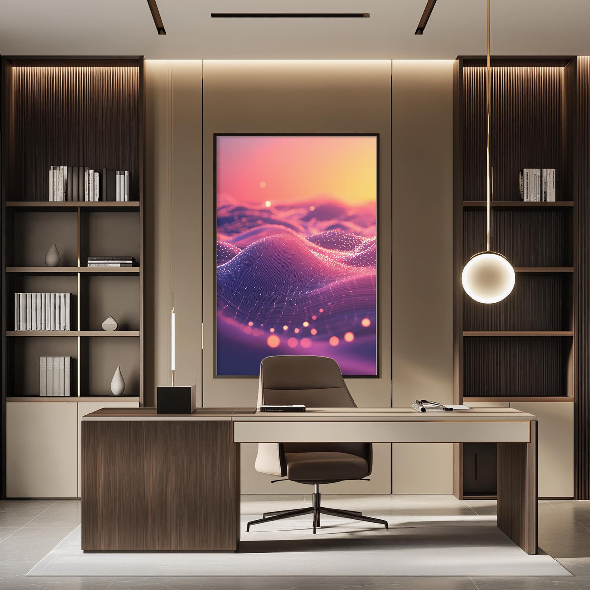a modern and stylish office space with a large abstract painting on the wall, a wooden desk with a chair, and built-in bookshelves.
